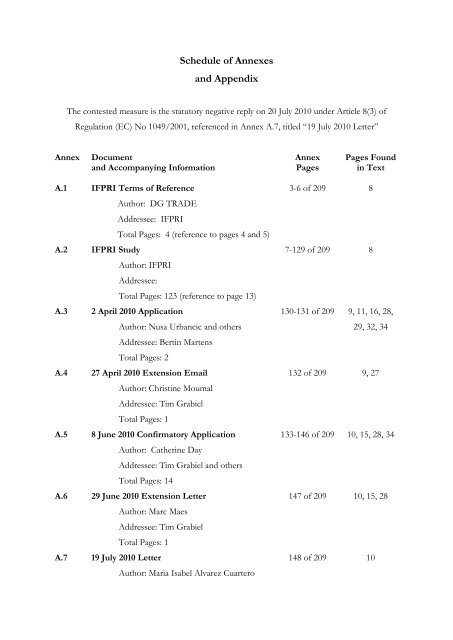 Schedule of Annexes and Appendix - ClientEarth