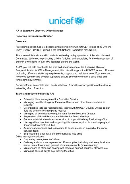 PA to Executive Director / Office Manager ... - UNICEF Ireland