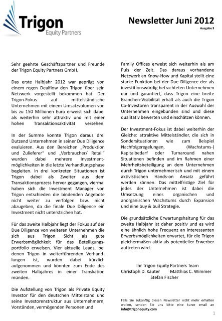 Newsletter Juni 2012 - Trigon Equity Partners GmbH