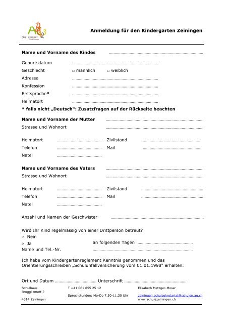 Anmeldeformular Kindergarten - schulezeiningen.ch