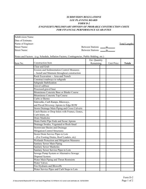 form d-2 const cost estimate