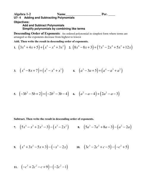 Adding And Subtracting Polynomials Pdf