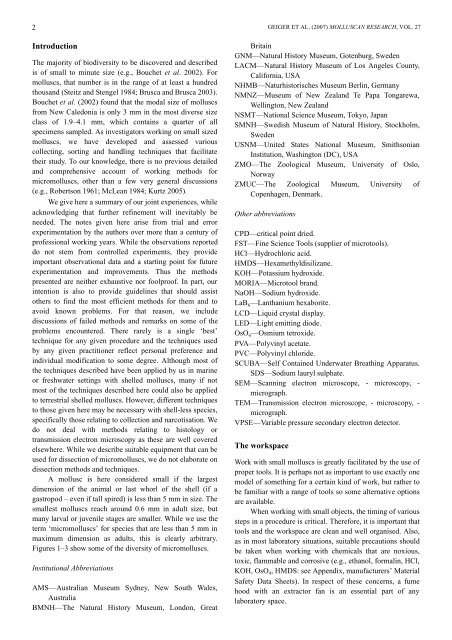 Molluscan Research: Techniques for collecting, handling, preparing ...