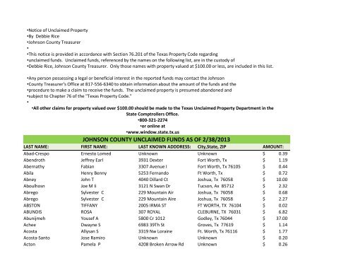 JOHNSON COUNTY UNCLAIMED FUNDS AS OF 2/38/2013