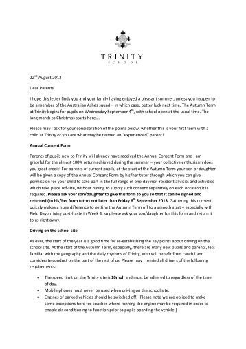 Deputy Headmaster's Beginning of Term Letter - Trinity School