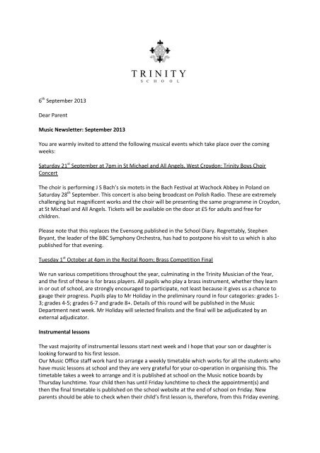 Letters For Parents - Trinity High