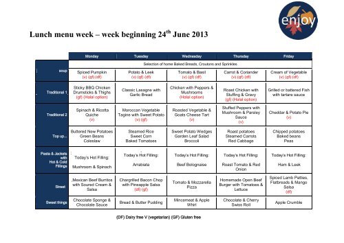 Lunch menu - week beginning 17 June 2013 - Trinity School