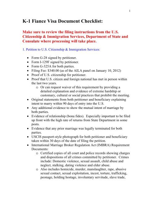 K-1 Fiance Visa Document Checklist: - AILA webCLE