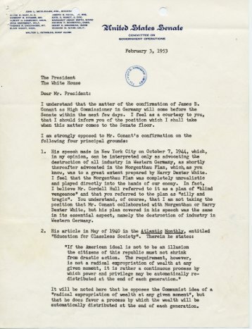 Letter, Senator Joseph McCarthy to President Eisenhower re James ...