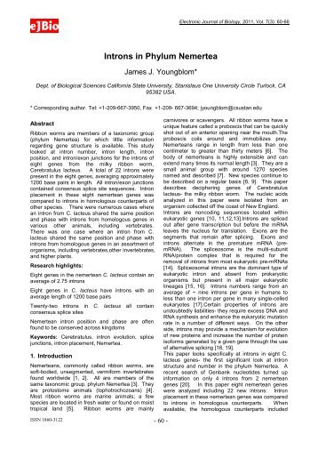 Introns in Phylum Nemertea - Electronic Journal of Biology