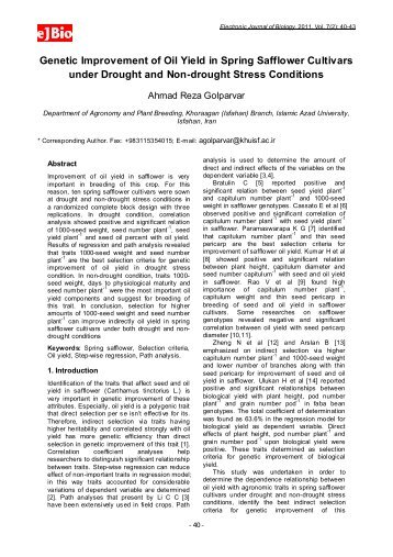 Genetic Improvement of Oil Yield in Spring Safflower Cultivars under ...