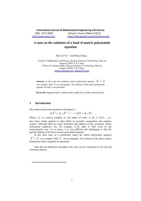 A note on the solutions of a kind of matrix polynomial equation - ijmes