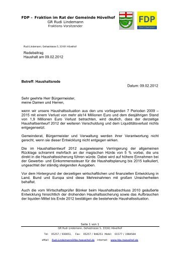 Haushaltsrede von Gemeinderat Rudi Lindemann ... - FDP HÃ¶velhof