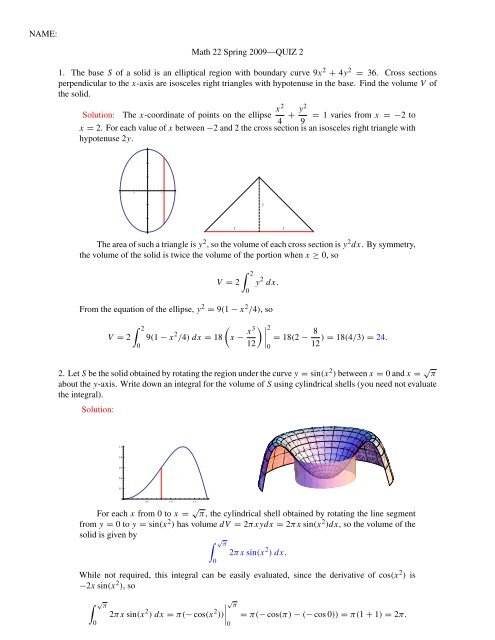 NAME: Math 22 Spring 2009âQUIZ 2 1. The base S of a solid is an ...