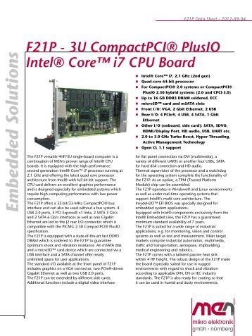 F21P - 3U CompactPCIÂ® PlusIO IntelÂ® Coreâ¢ i7 CPU Board