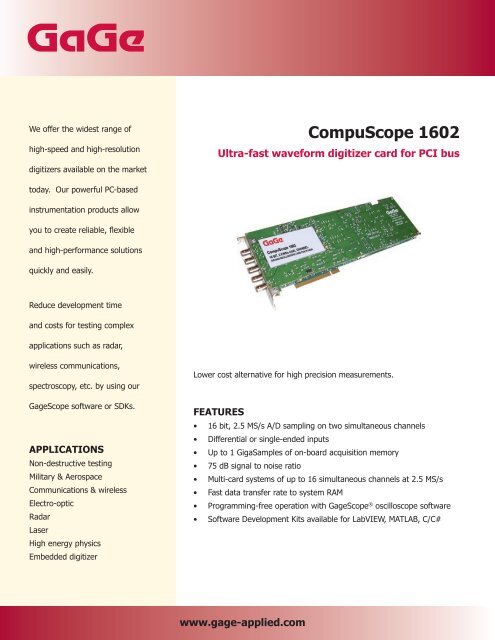 CompuScope 1602 16 Bit Resolution ,2.5 MS/s Sampling