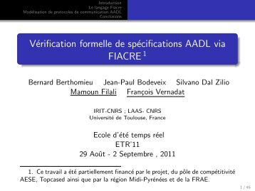 Vérification formelle de spécifications AADL via FIACRE -  IDL