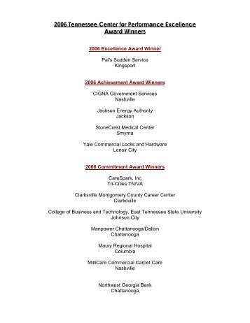 2006 Tennessee Center for Performance Excellence Award Winners