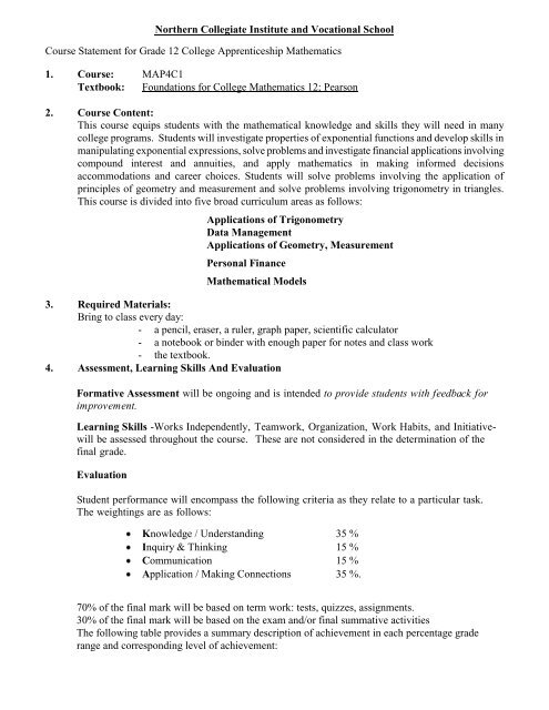 Grade 12 College - Northern Collegiate Institute & Vocational School