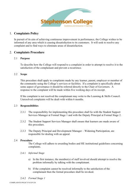 complaints form - Stephenson College