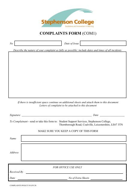 complaints form - Stephenson College