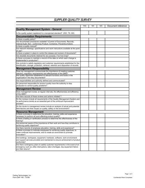 Carling Technologies Supplier Quality Survey [pdf]