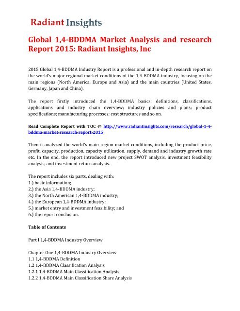 Global 1, 4-BDDMA Market Size and Growth up to 2015: Radiant Insights, Inc