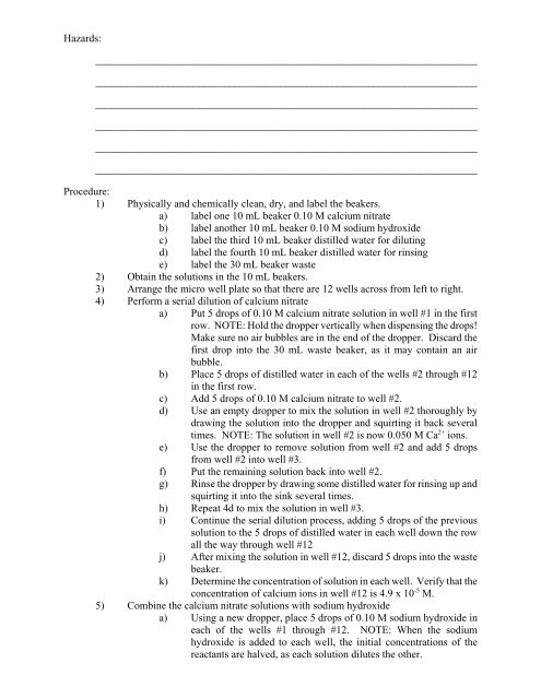 Lab #20: Determination of the Ksp of a Chemical Name: Reaction ...