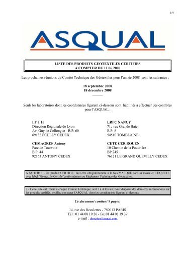 LISTE DES PRODUITS GEOTEXTILES CERTIFIES A ... - Asqual