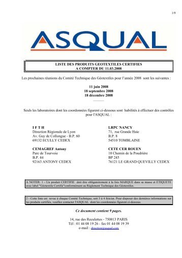 LISTE DES PRODUITS GEOTEXTILES CERTIFIES A ... - Asqual