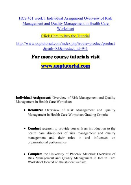 HCS 451 week 1 Individual Assignment Overview of Risk Management and Quality Management in Health Care Worksheet