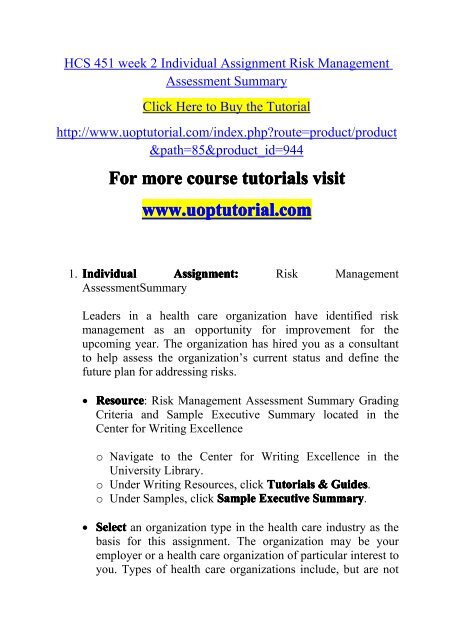 HCS 451 week 2 Individual Assignment Risk Management Assessment Summary