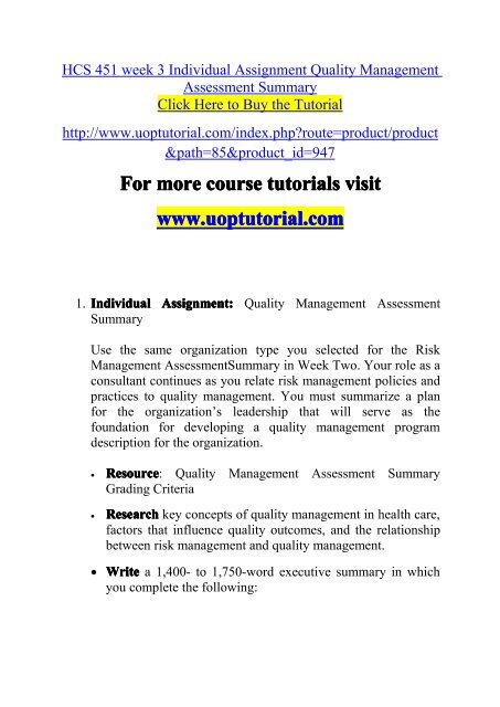 HCS 451 week 3 Individual Assignment Quality Management Assessment Summary