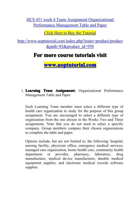HCS 451 week 4 Team Assignment Organizational Performance Management Table and Paper