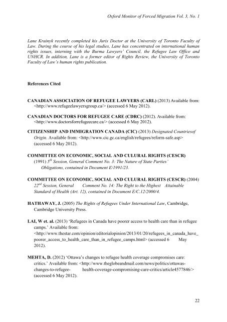 Oxford Monitor of Forced Migration, Volume 3, Number 1