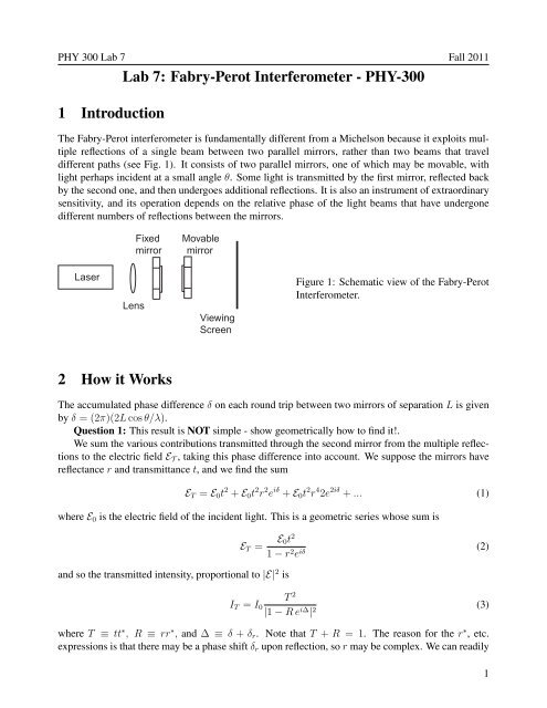 Lab 7: Fabry-Perot Interferometer - PHY-300 1 Introduction 2 How it ...