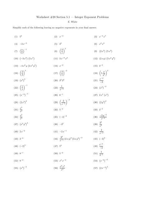 Worksheet #20 Section 5.1 â Integer Exponent Problems