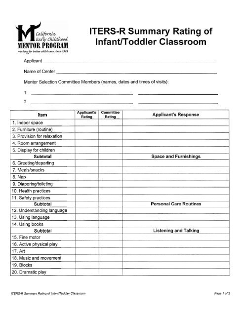 ITERS R Summary Rating Of Infant Toddler Classroom
