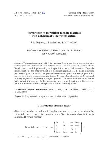 Eigenvalues of Hermitian Toeplitz matrices - Departamento de ...
