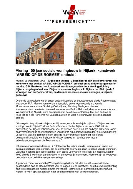 PERSBERICHT * * * Viering 100 jaar sociale woningbouw in Nijkerk