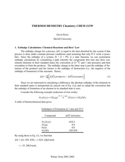 THERMOCHEMISTRY Chemistry CHEM 213W - McGill University
