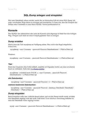 SQL-Dump anlegen und einspielen - wissen4free.org