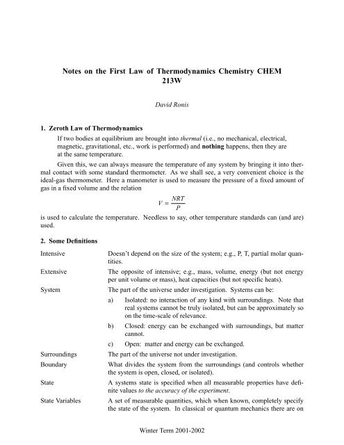 Notes on the First Law of Thermodynamics ... - McGill University