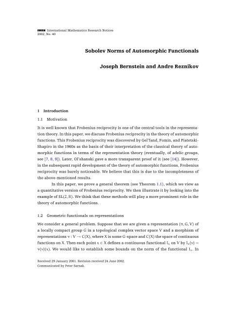 Sobolev Norms of Automorphic Functionals - School of ...