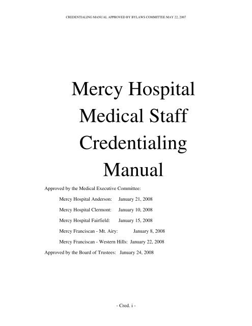 Mercy Hospital Medical Staff Credentialing Manual - Mercy Health