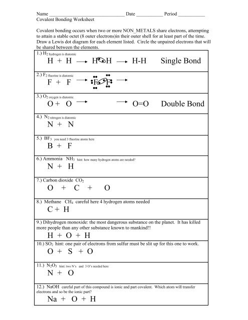 Types of Chemical Bonds Worksheet - Colina Middle School