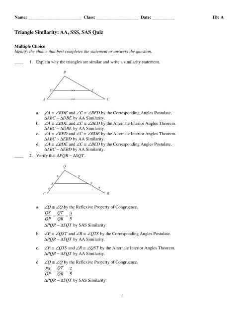 Examview 7 3 Triangle Similarity Quiz Tst