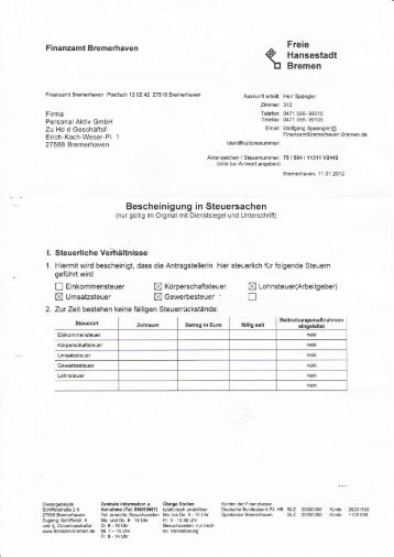 Unbedenklichkeitsbescheinigung Finanzamt Bremerhaven