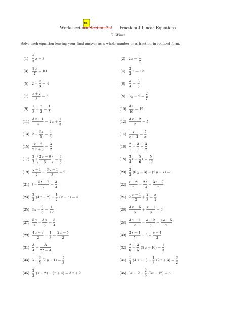 Worksheet #6 Section 2.2 â€” Fractional Linear Equations