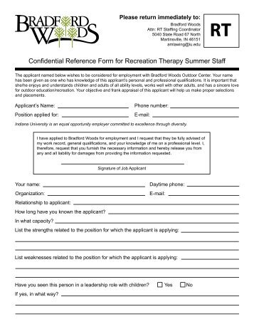 Confidential Reference Form for Summer Camp ... - Bradford Woods